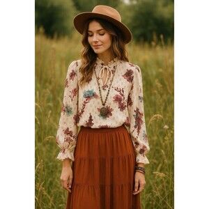 Soft Surroundings Floral Tunic Top Metallic Ruffles Tassels Medium Bohemian